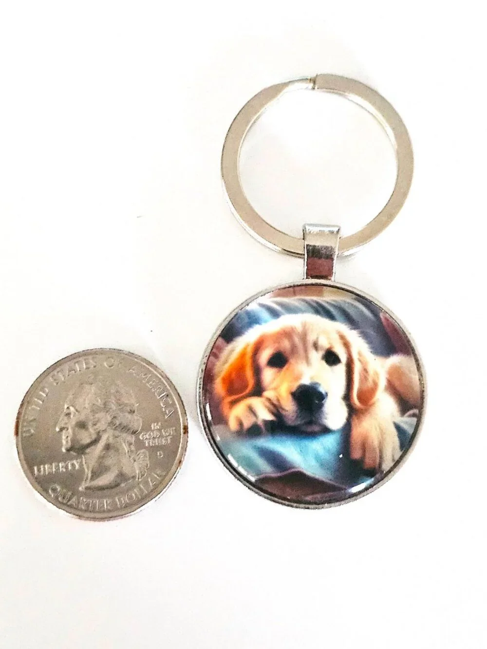 Golden Retriever Puppy Keychain Unisex Glass Cabochon Silver Dog Lover Gift